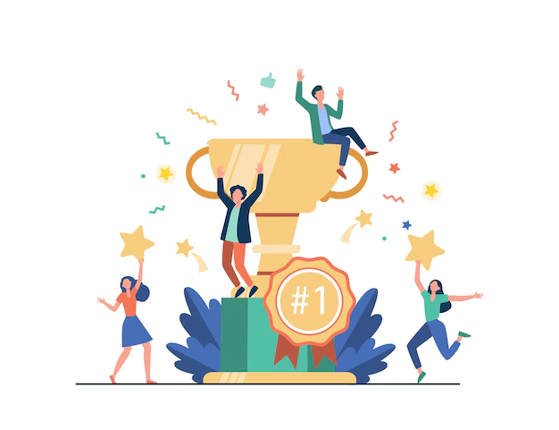 Free Vector | Team of happy employees winning award and celebrating success. business people enjoying victory, getting gold cup trophy. vector illustration for reward, prize, champions s