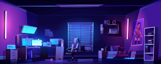 Free Vector | Teenager boy bedroom interior, computers on desk
