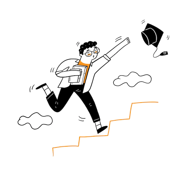 Free Vector | The young man running up to the stair for grabbing graduation cap, vector illustration cartoon doodles style