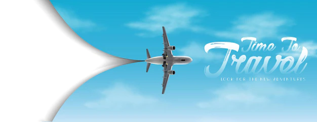 Free Vector | Time to travel vector flyer with white copy space and sky with airplane