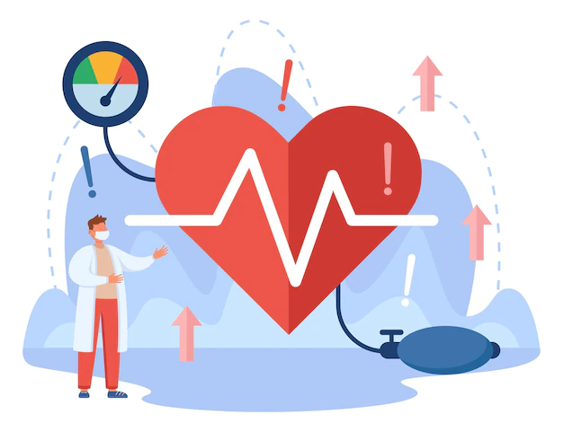 Free Vector | Tiny doctor and heart of patient with high blood pressure. medical checkup at hospital or clinic, risk of cholesterol or cardiovascular disease flat vector illustration. cardiology, health concept