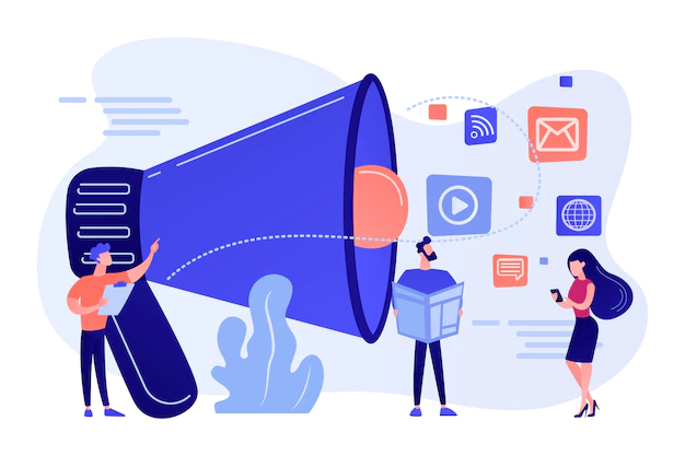 Free Vector | Tiny people, marketing manager with megaphone and push advertising. push advertising, traditional marketing strategy, interruption marketing concept illustration