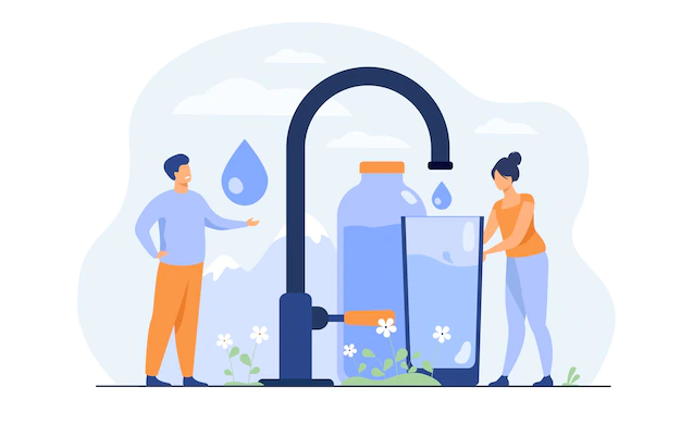 Free Vector | Tiny woman pouring clean water from faucet with mountain landscape