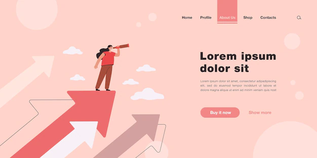 Free Vector | Tiny woman standing on arrow and looking for future plans for success landing page template