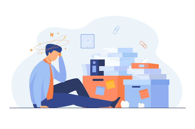 Free Vector | Tired man sitting on floor with paper document piles around flat illustration.