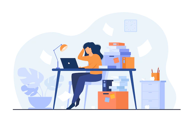 Free Vector | Tired overworked secretary or accountant working at laptop near pile of folders and throwing papers. vector illustration for stress at work, workaholic, busy office employee concept