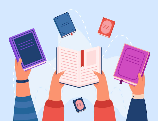 Free Vector | Top view of hands holding books flat illustration