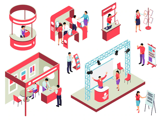 Free Vector | Trade exhibition isometric set with staff and visitors exposition equipment and promotional handouts isolated