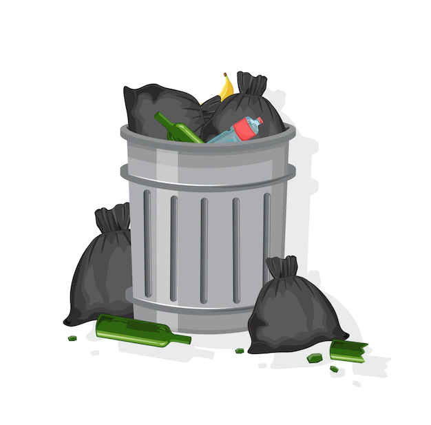 Free Vector | Trash can filled with garbage bags, glasses of wine, plastic bottles and banana peels