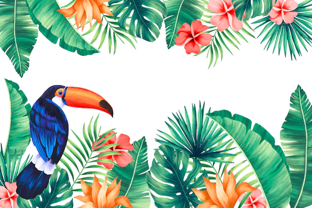 Free Vector | Tropical background with toucan and exotic leaves