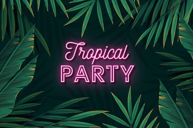 Free Vector | Tropical neon party lettering leaves background