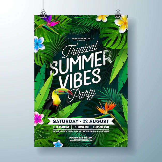 Free Vector | Tropical summer vibes party flyer design with flower, tropical palm leaves and toucan bird on dark background. summer beach celebration template