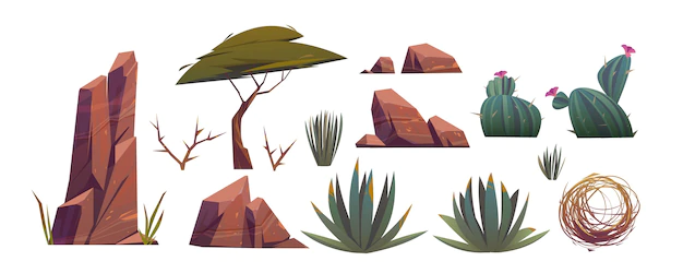 Free Vector | Tumbleweed, cactuses and rocks of sand desert in africa