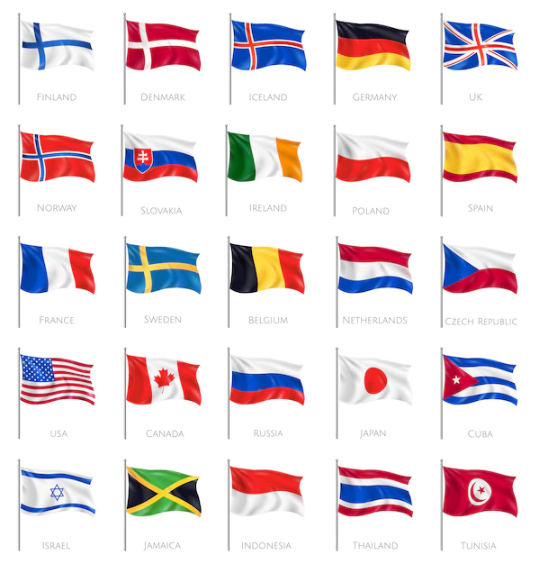 Free Vector | Twenty five isolated waving national flags on white  with inscription of countries names realistic