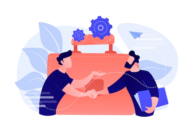 Free Vector | Two business partners shaking hands and big briefcase. partnership and agreement, cooperation and deal completed concept on white background.