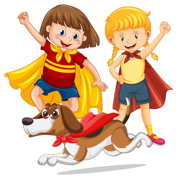 Free Vector | Two hero kids and hero beagle dog cartoon