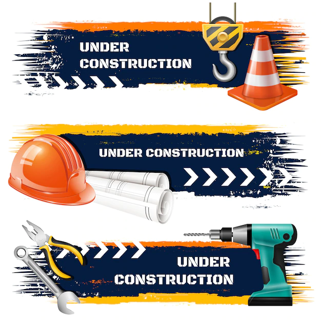 Free Vector | Under construction grunge banners with road barrier protective helmet hook of elevating crane realistic icons