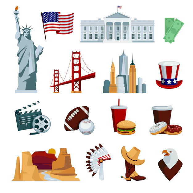 Free Vector | Usa flat icons set with american national symbols and attractions
