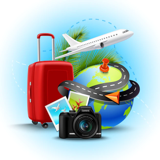 Free Vector | Vacation and holidays background with realistic globe suitcase and photo camera