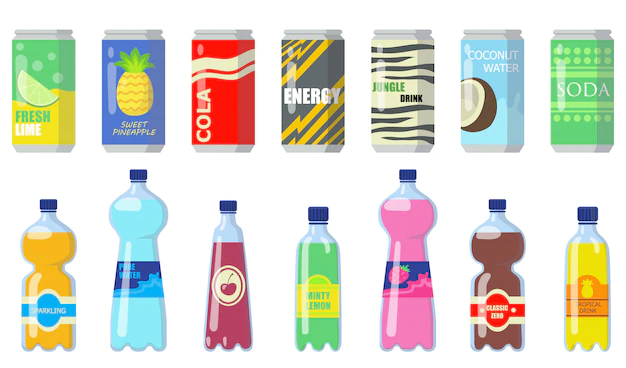 Free Vector | Various drinks in metallic cans and plastic bottles