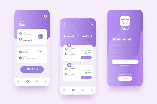 Free Vector | Various screens for violet public transport mobile app