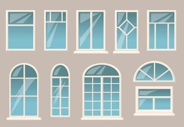 Free Vector | Various windows set. different frames and glasses on grey building wall background.