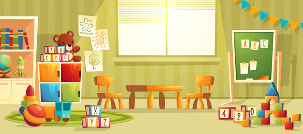 Free Vector | Vector cartoon illustration of empty kindergarten room with furniture and toys for young children. n