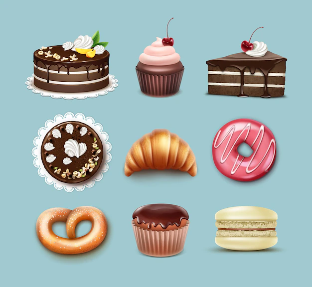 Free Vector | Vector confectionery set chocolate puff cake, french croissant, pretzel, cupcake with whipped cream and cherry, muffin, macaron top, side view isolated on blue background