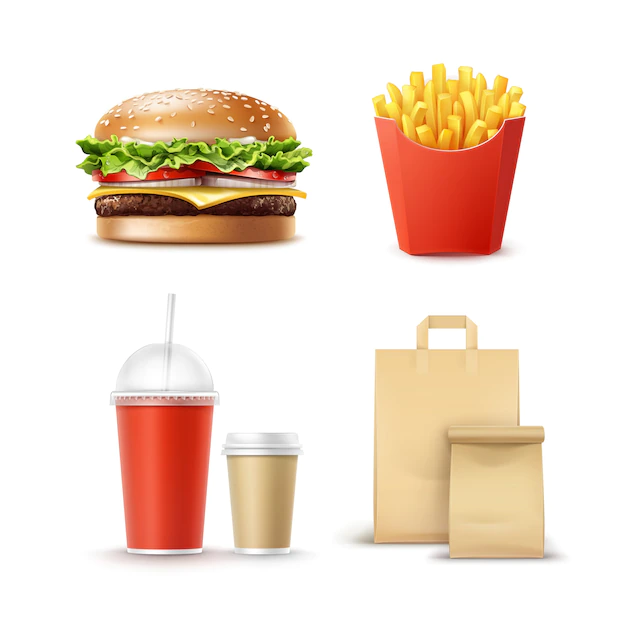 Free Vector | Vector fast food set of realistic hamburger classic burger potatoes french fries in red package box blank cardboard cups for coffee soft drinks with straw and craft paper take away handle lunch bags.