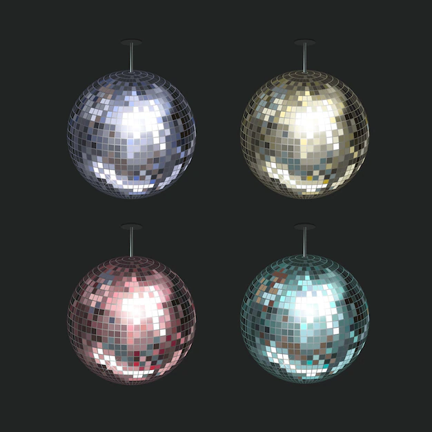 Free Vector | Vector set of blue, yellow, pink and purple disco balls isolated on dark