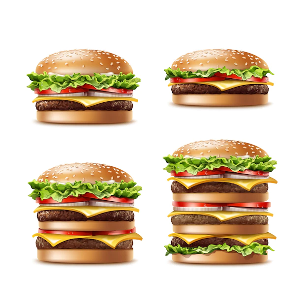 Free Vector | Vector set of different realistic hamburger classic burger american cheeseburger with lettuce tomato onion cheese beef and sauce close up isolated on white background. fast food