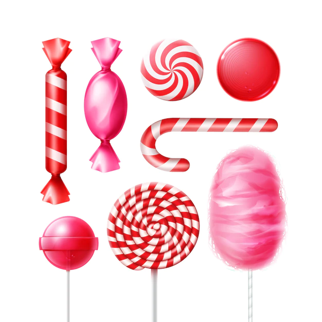 Free Vector | Vector set of different sweets in pink, red striped foil wrappers, swirl lollipops, xmas cane and cotton candy isolated on white background