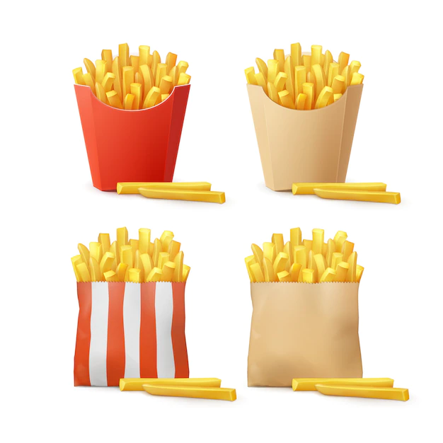 Free Vector | Vector set of potatoes french fries in red white striped craft paper carton package boxes bags isolated on background. fast food