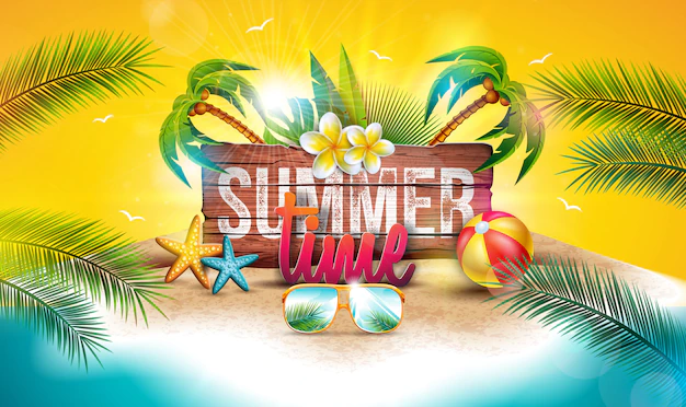 Free Vector | Vector summer time holiday illustration with wood board and palm trees
