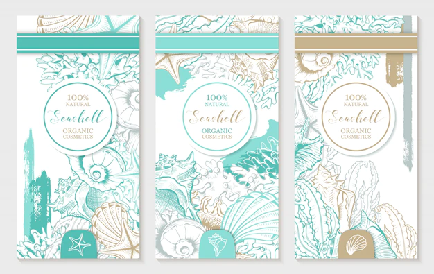 Free Vector | Vertical design template with pastel turquoise and gold seashells.