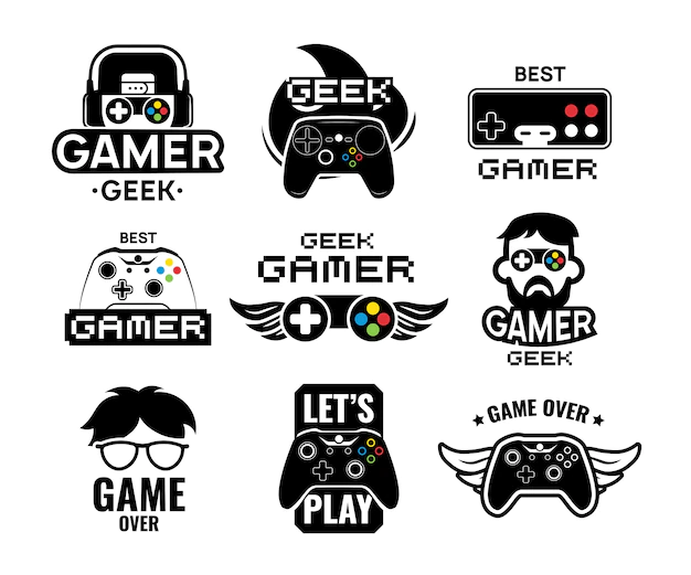 Free Vector | Video game logo set. emblems with gamer, vintage and modern joystick console controller, headset. isolated vector illustration for online game label template