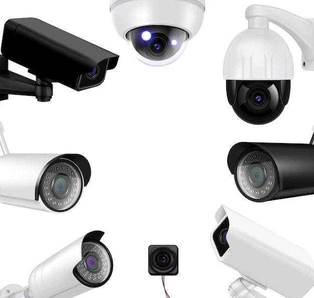 Free Vector | Video surveillance security cameras realistic composition black and white cameras form a circle illustration