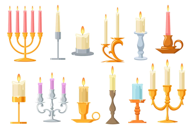 Free Vector | Vintage candles in candlesticks flat set