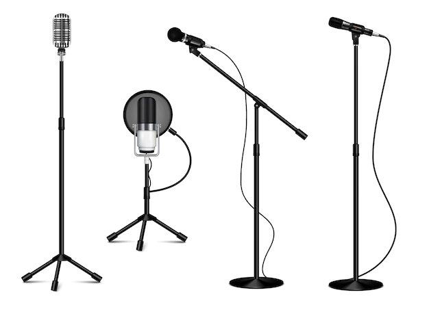 Free Vector | Vintage collection of standing professional microphones with wire on white background in realistic style isolated  illustration