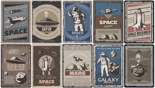 Free Vector | Vintage colored space posters with spaceships ufo planets astronauts asteroids mars colonization and research isolated