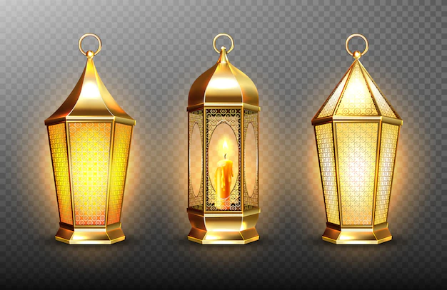 Free Vector | Vintage gold arabic lanterns with glowing candles. realistic set of hanging luminous lamps with golden arabian ornament. islamic shining fanous isolated on transparent background