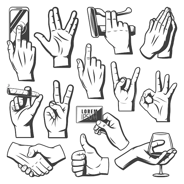 Free Vector | Vintage hands collection with greeting salute praying indicate ok goat handshake mobile touch cigaro wineglass hold gestures isolated