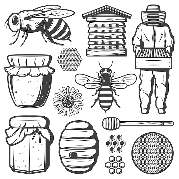 Free Vector | Vintage honey elements collection with bee beehive dipper stick flower honeycombs beekeeper pot jar isolated