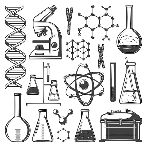 Free Vector | Vintage laboratory research elements set with flasks tubes microscope dna molecular structure cells kit of instruments isolated