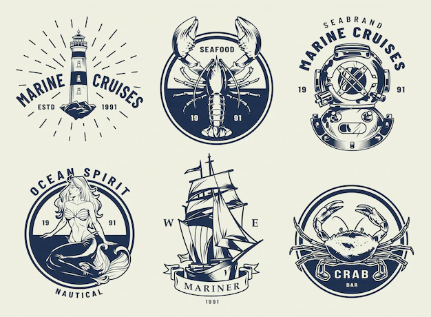 Free Vector | Vintage monochrome nautical emblems set