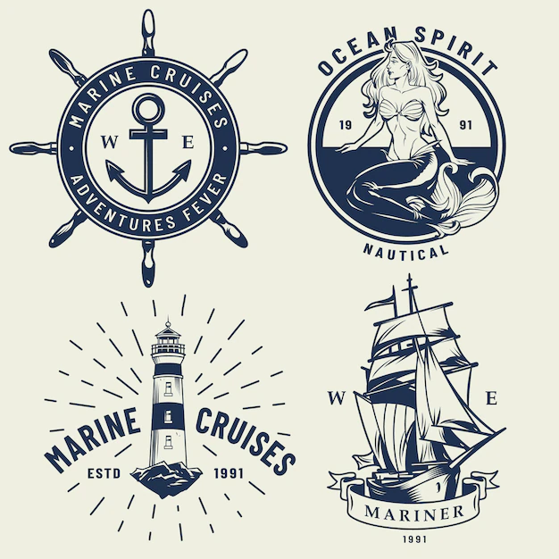 Free Vector | Vintage monochrome nautical logos set
