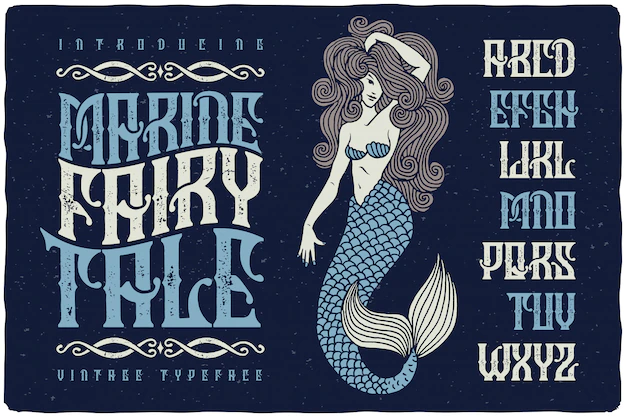 Free Vector | Vintage textured typeface with mermaid illustration