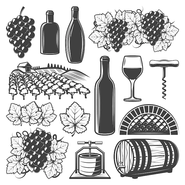 Free Vector | Vintage wine elements set with wineglass wooden barrel bottles vineyard grape bunches corkscrew isolated