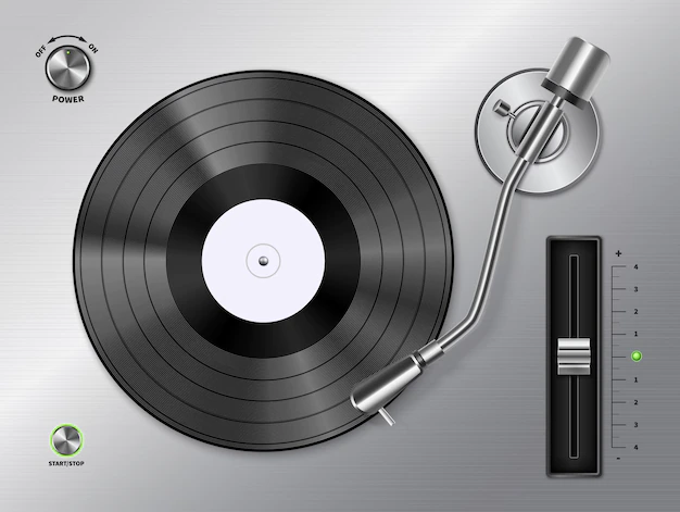 Free Vector | Vinyl record disc playing on turntable player closeup top view realistic black white retro image