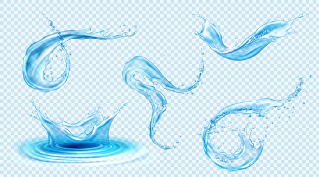 Free Vector | Water splashes, blue liquid waves with swirls and drops. realistic set of flowing and falling clear pure aqua, fluid splashing isolated on transparent background